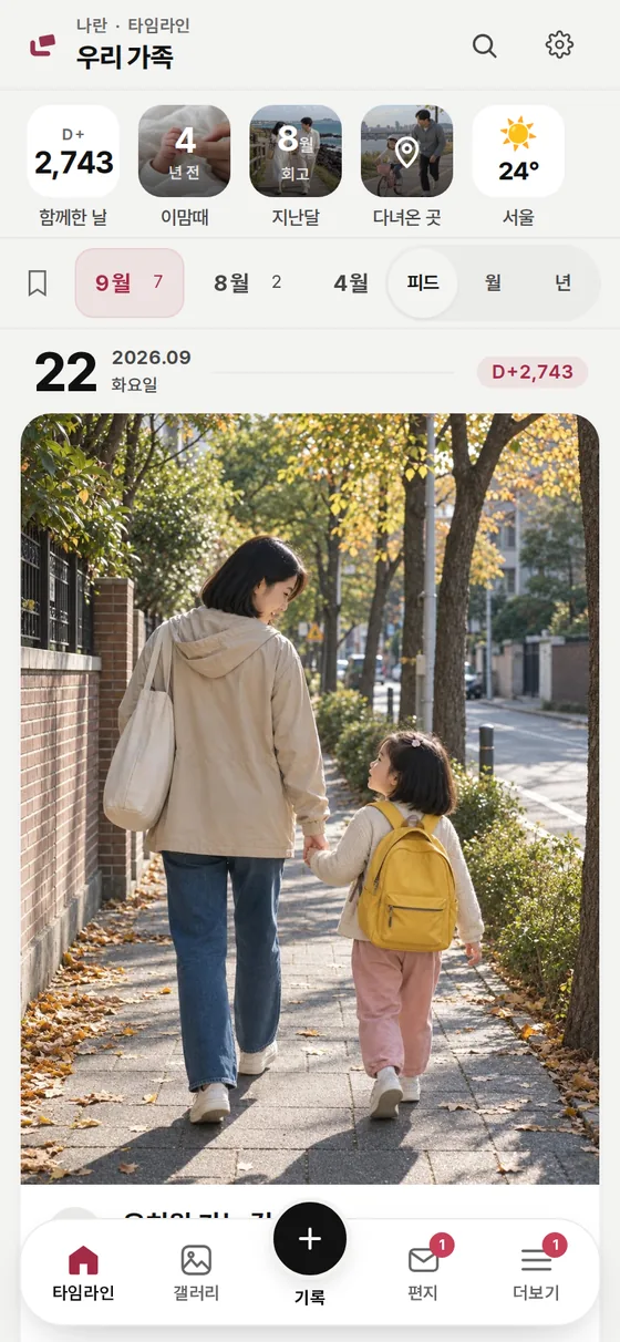사진과 이야기가 날짜순으로 이어지는 나란 실제 타임라인 예시
