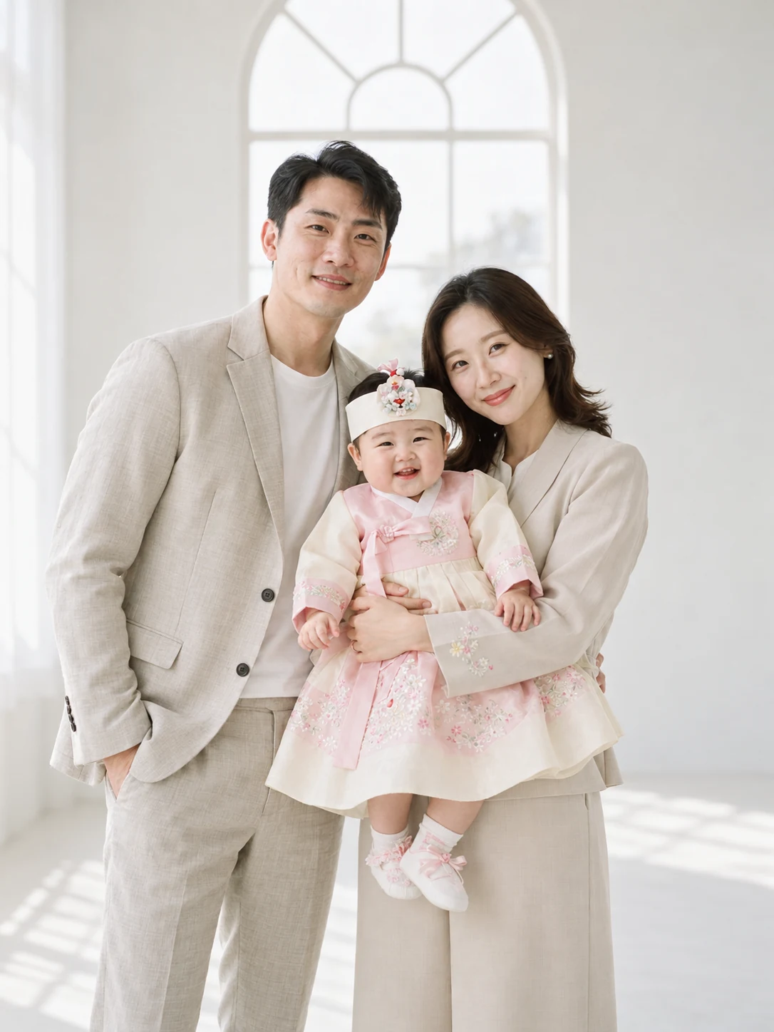 아기를 안고 첫 생일을 기념하는 가족 사진 예시