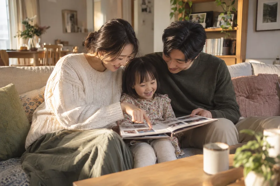 사진 앨범을 함께 펼쳐 보는 가족의 일상