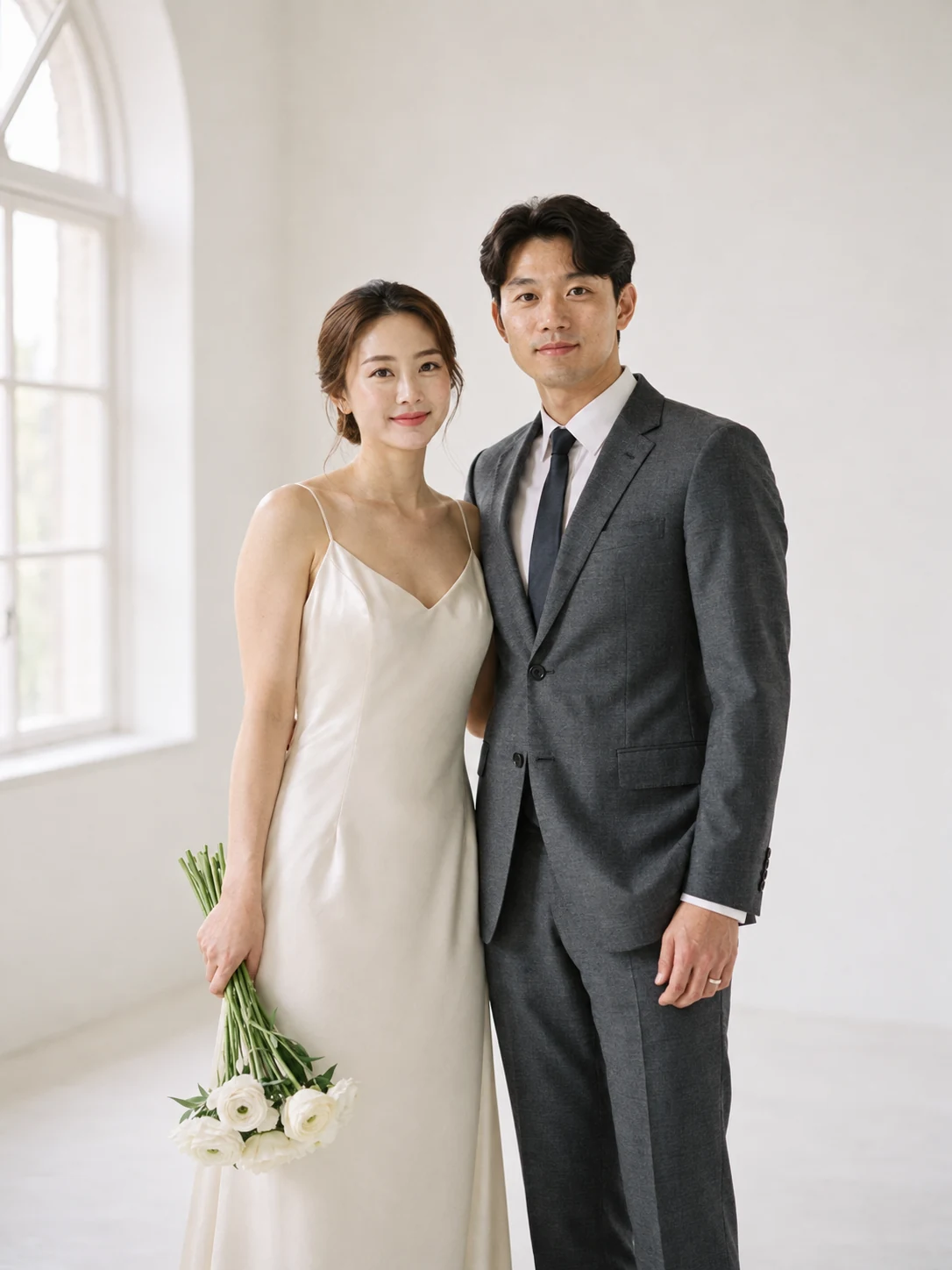 창가에 나란히 선 두 사람의 웨딩 사진 예시